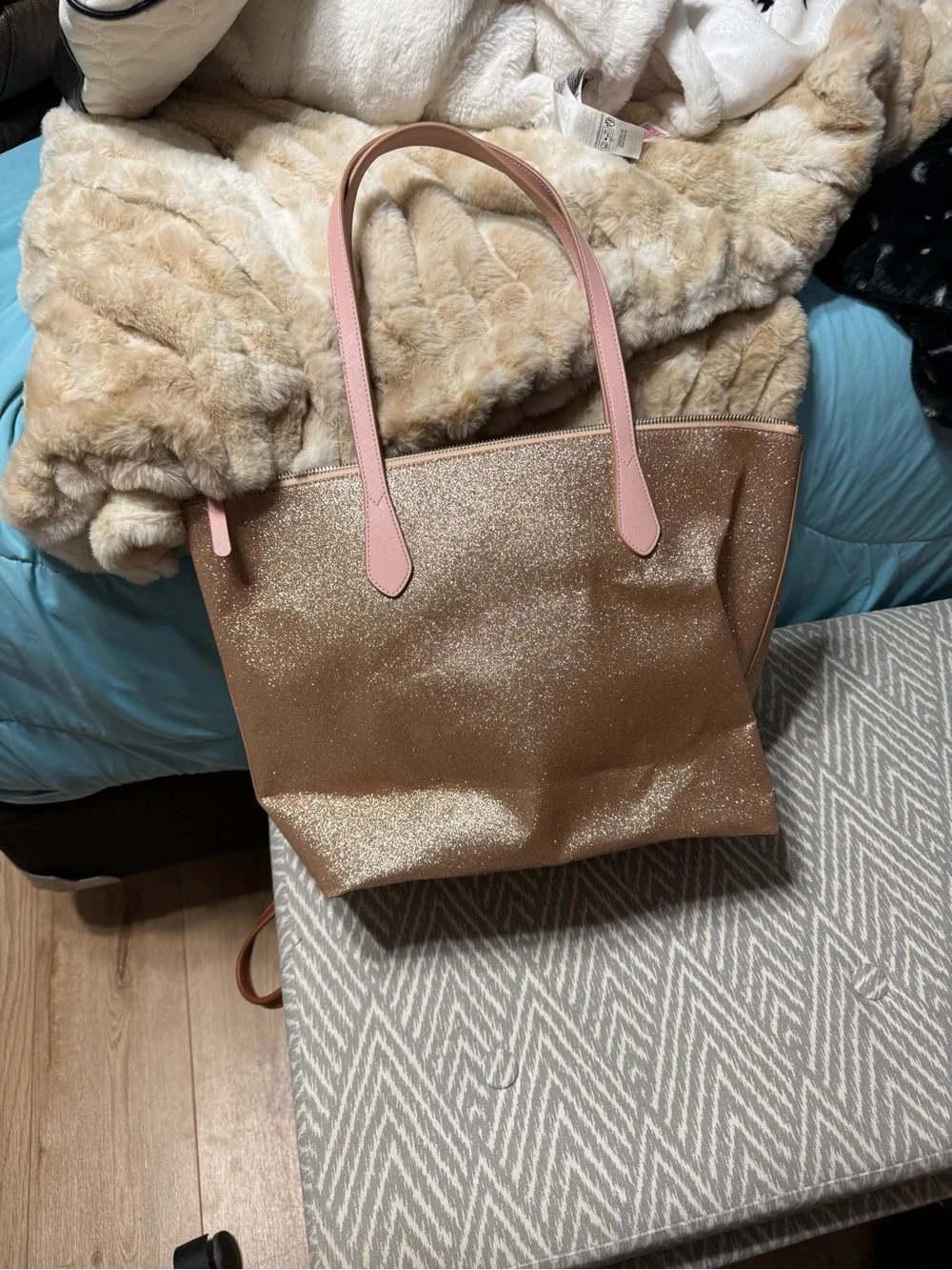 Kate Spade Rose Gold Glitter Tote with Pink Handles